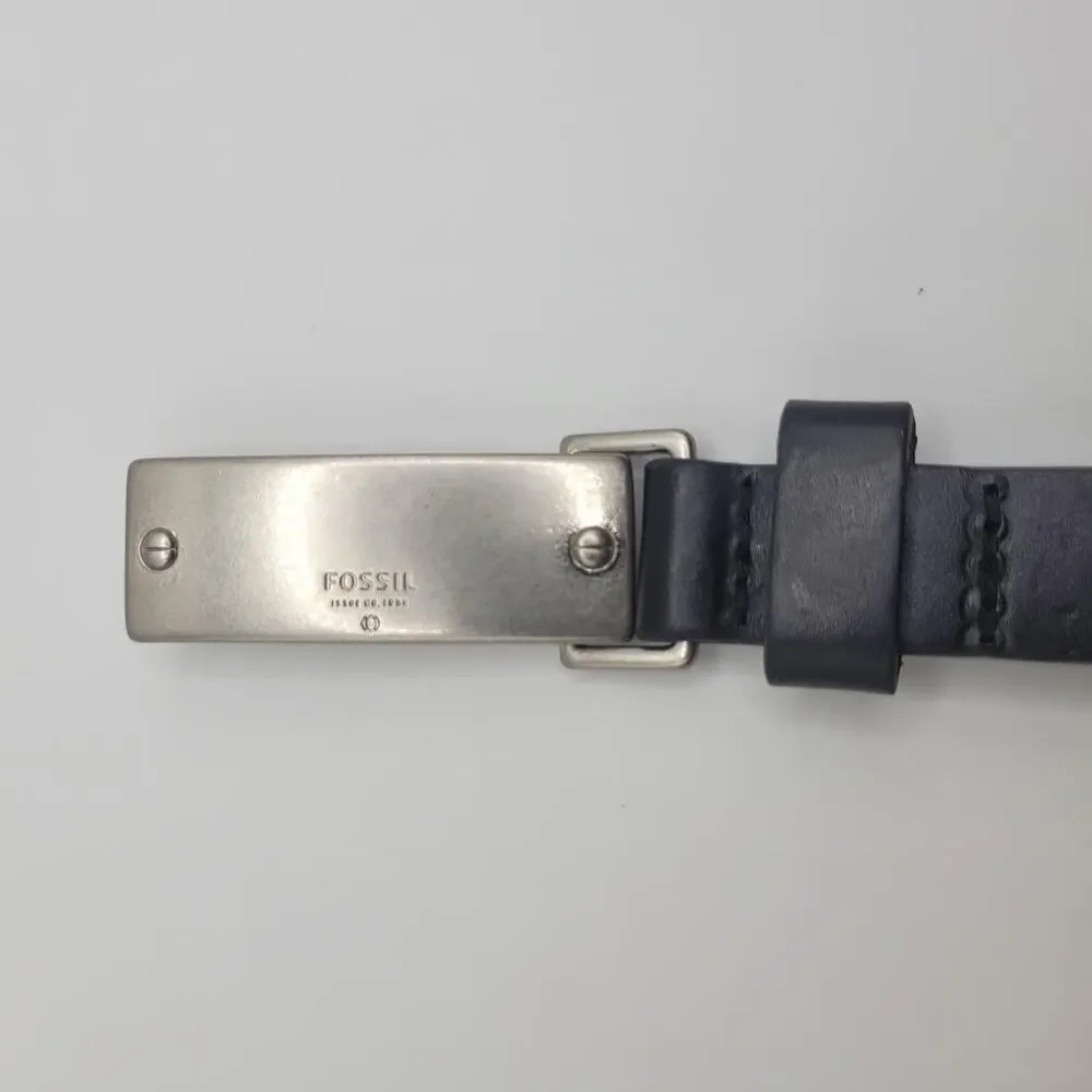 Fossil Belt Mens Large Black Leather Plaque Silver Buckle Skinny Casual Dress 90